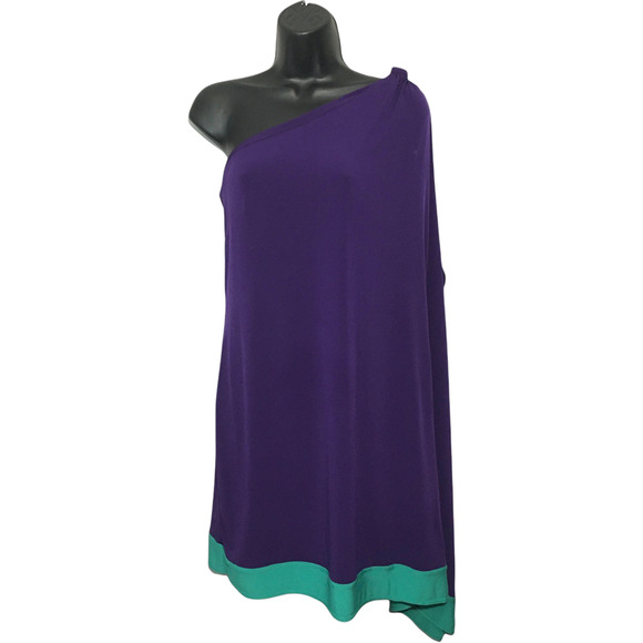 NEW Cache Women's One Shoulder Stretch Sz Medium Purple Green Mini Dress - Picture 6 of 6